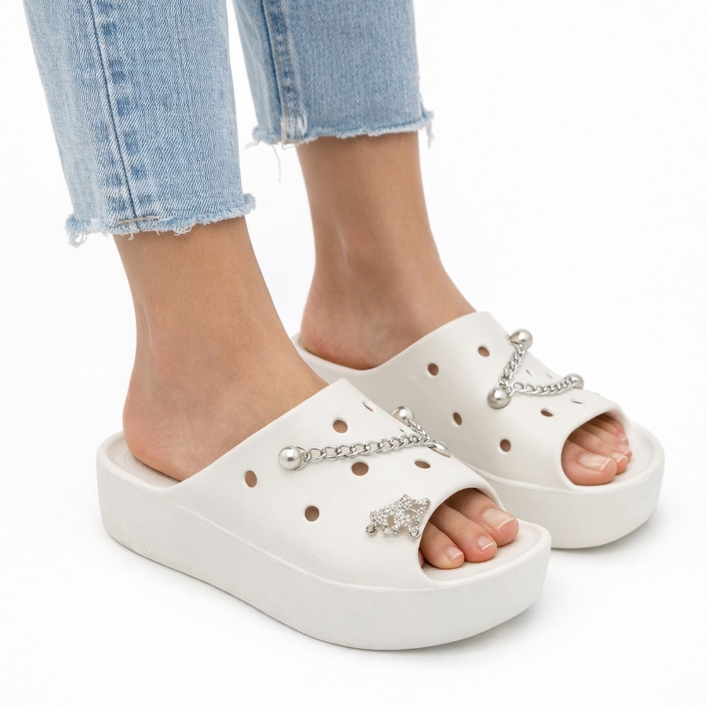 Crocs Classic White Platform Summer Slide Sandals with Silver Chain & Rhinestone - Picture 1 of 15